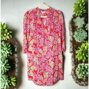 Boden Evangeline 100% Linen Red Paisley V-Neck Tunic Dress Size 4L 3/4 Sleeve